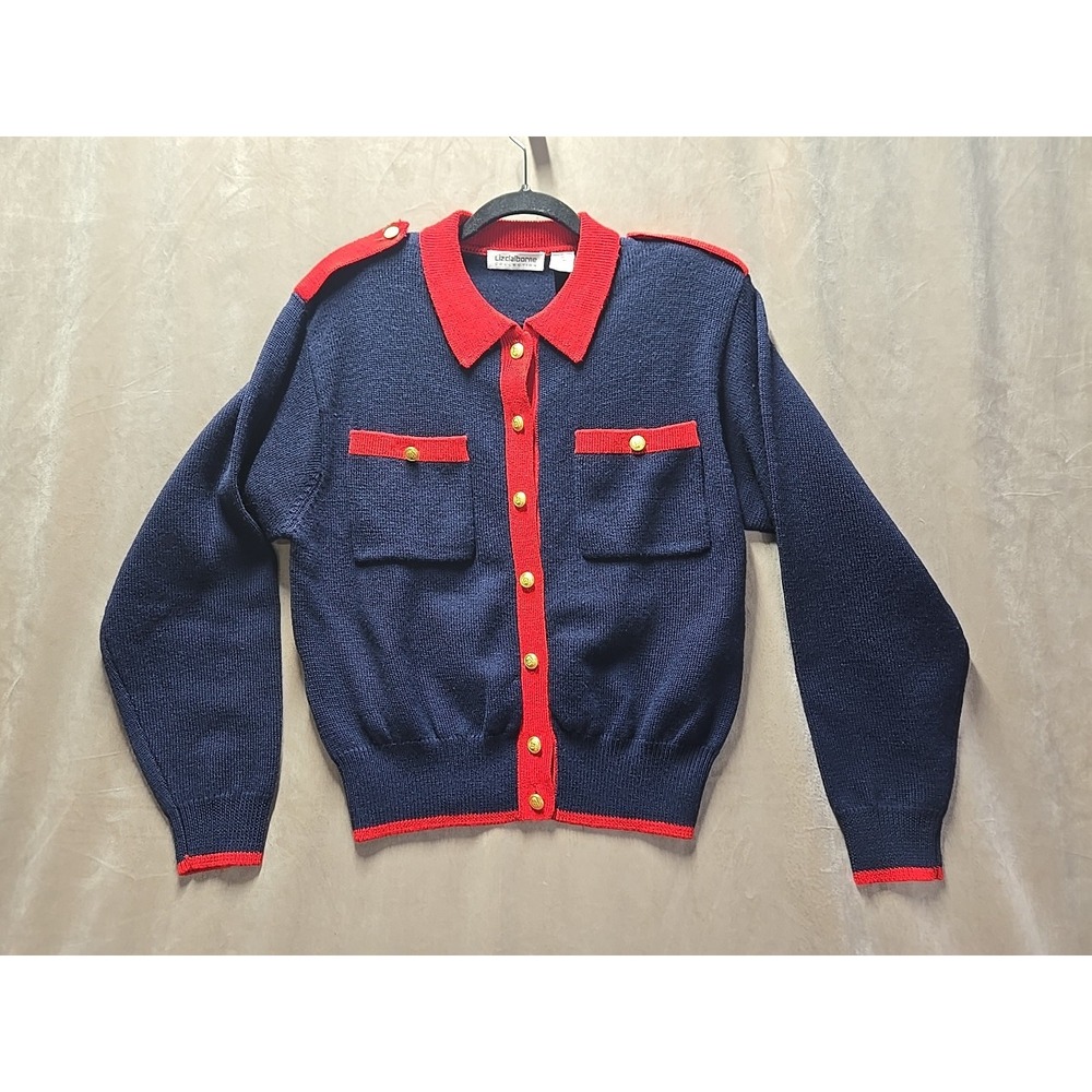 Vintage LIZ CLAIBORNE Navy Red Cardigan Merino Wool Sweater‎ Size M Gold Button